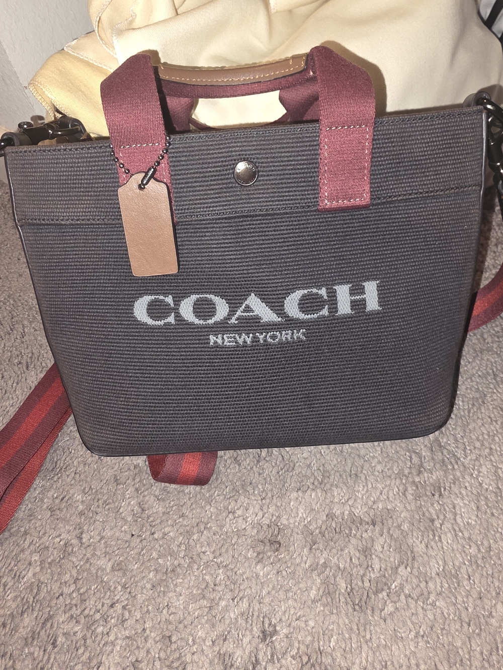 Coach Black Canvas Messenger Bag with Burgundy Accents